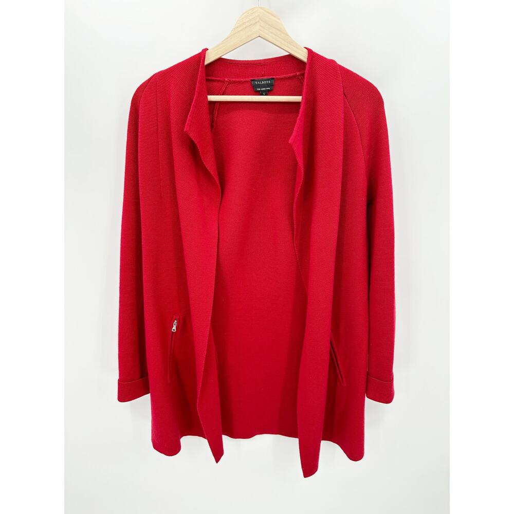 Talbots Sweater Womens S Red Open Front Merino Wool Cardigan Zipper Pockets